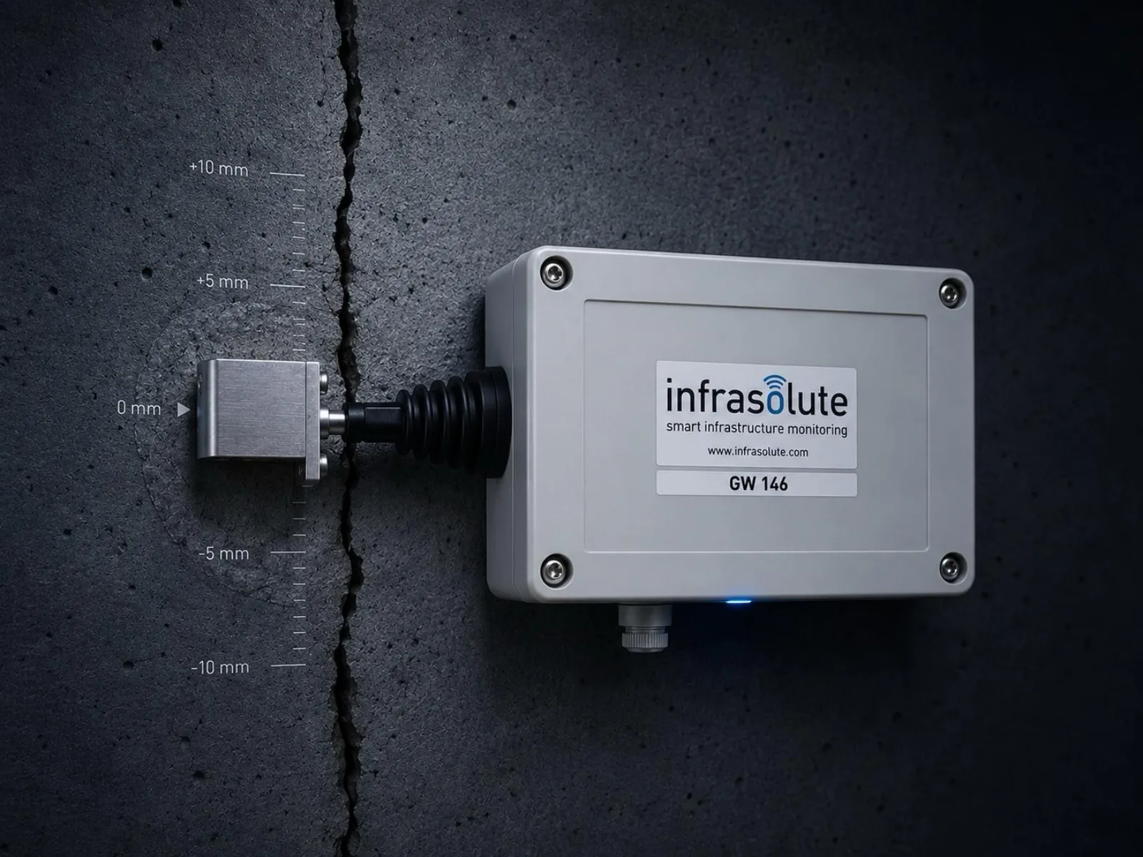 Risssensor von Infrasolute über einem Riss, mit Wegaufnehmer und Millimeterskala